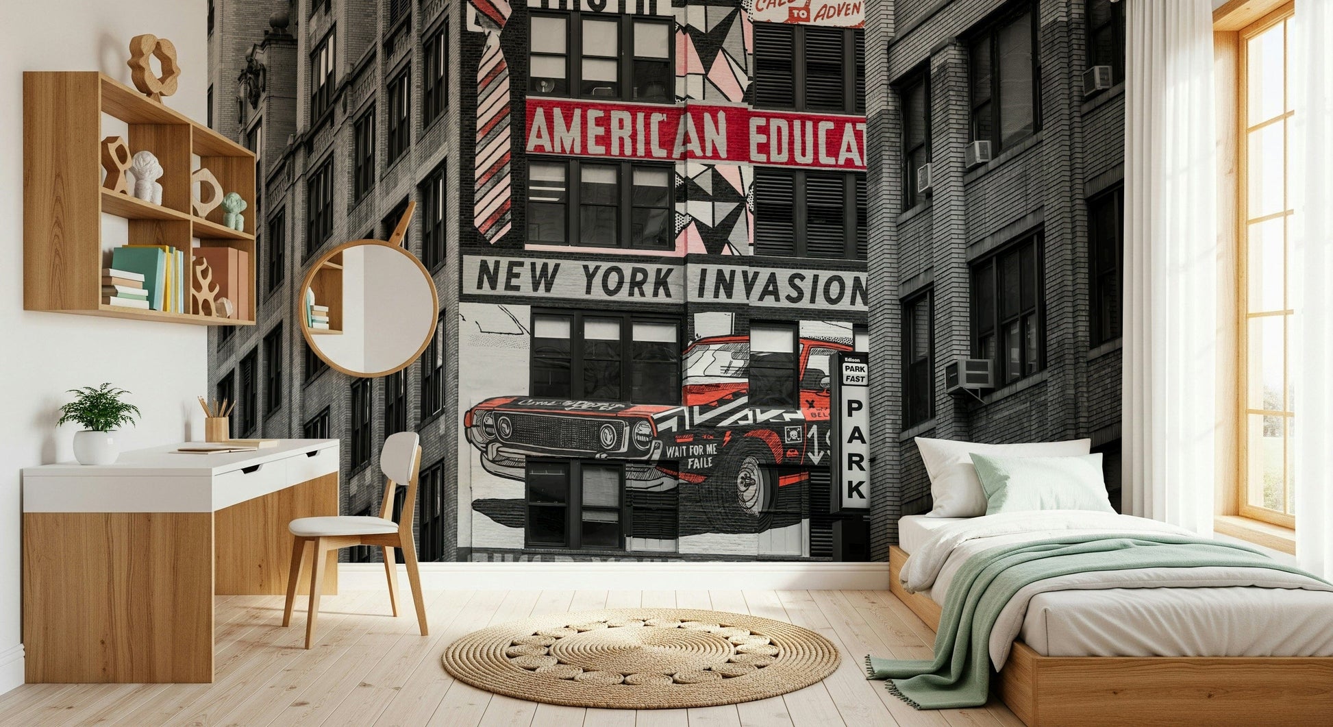 Graffiti-inspired design featuring an old car and phrases, creative Retro City Murals.