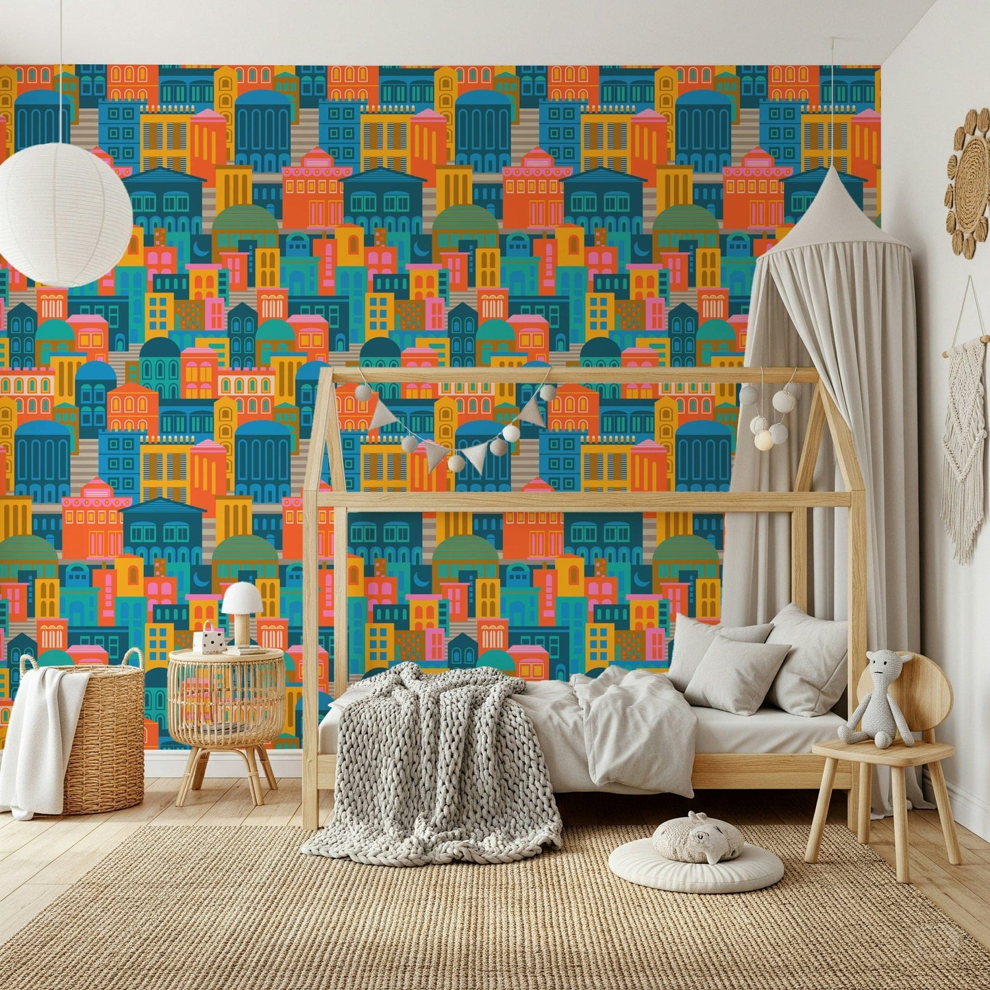 Night city wallpaper with stacked houses and crescent moon