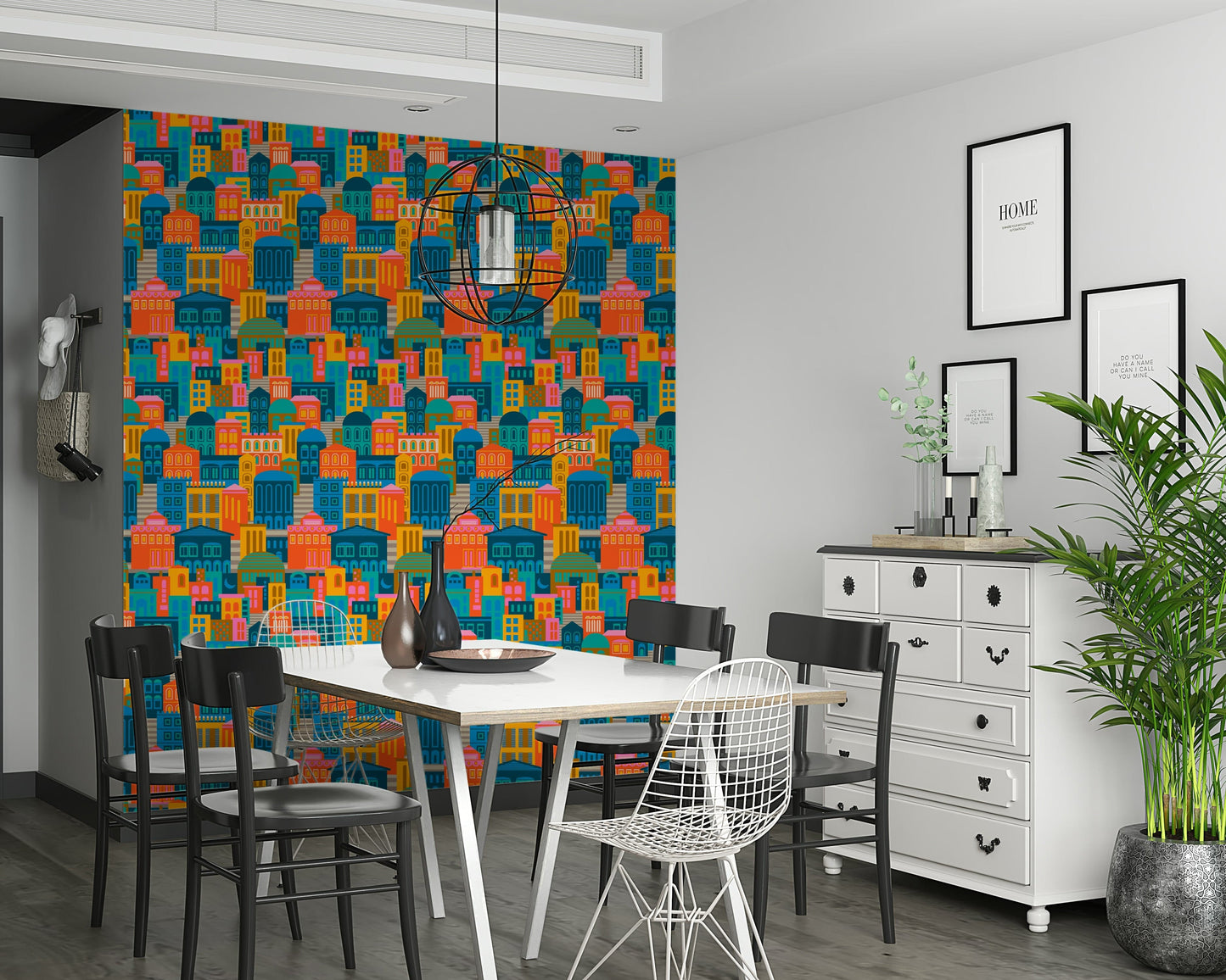 Bright geometric cityscape wallpaper with moonlit night sky