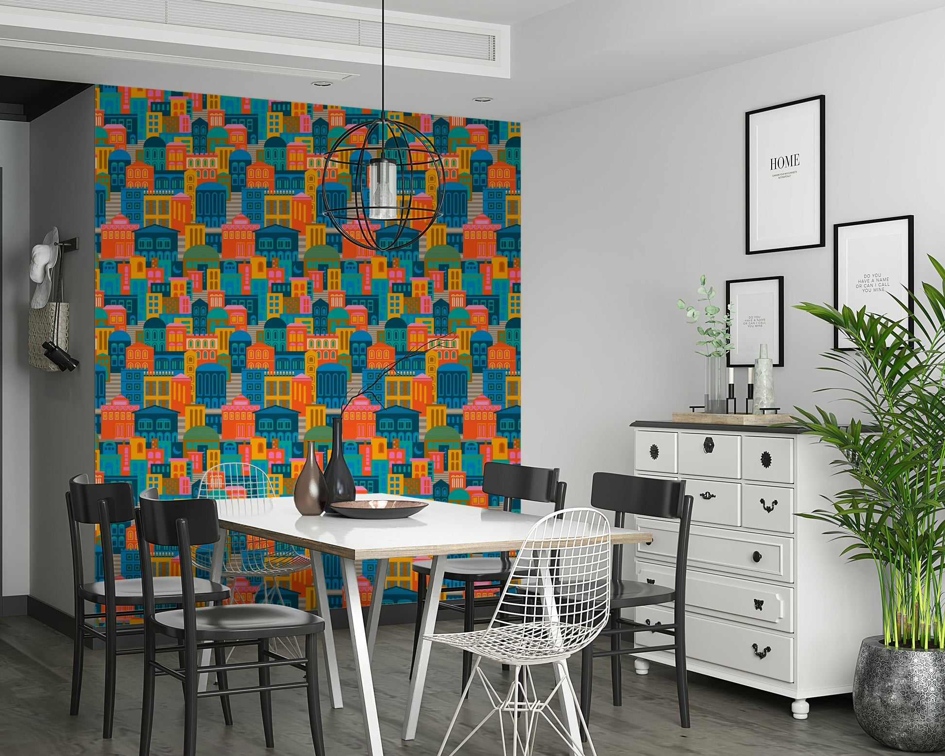 Bright geometric cityscape wallpaper with moonlit night sky