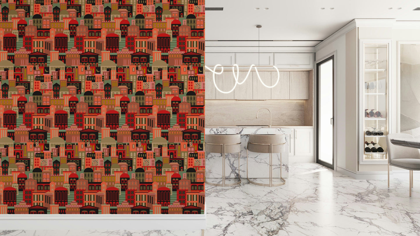 Vintage travel night cityscape mural for bedroom wall decor, bold shapes and deep tones