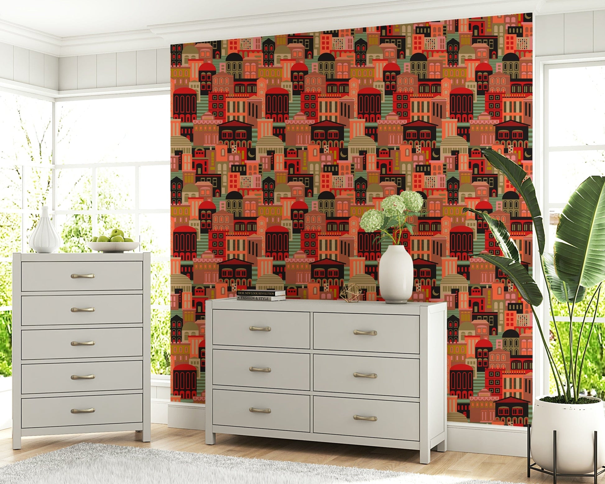 Retro night skyline wallpaper for apartment lounge, bright blocks and dark background