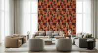 Night city buildings wallpaper with moon, bright geometric 1950s colors for living room feature wall