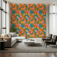 Retro city skyline wall mural for study room, clean lines and rainbow brights