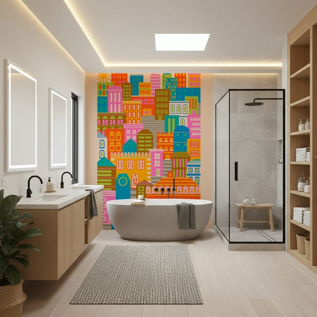 Shadowy dense city scene featured in City Lights Bright Geometric Wallpaper scenic print.