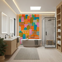 Shadowy dense city scene featured in City Lights Bright Geometric Wallpaper scenic print.