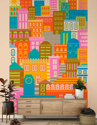 Scattered repeating windows in City Lights Bright Geometric Wallpaper fun design.