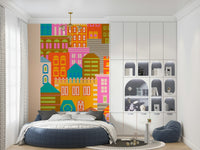 Rainbow bright architecture defines City Lights Bright Geometric Wallpaper for walls.