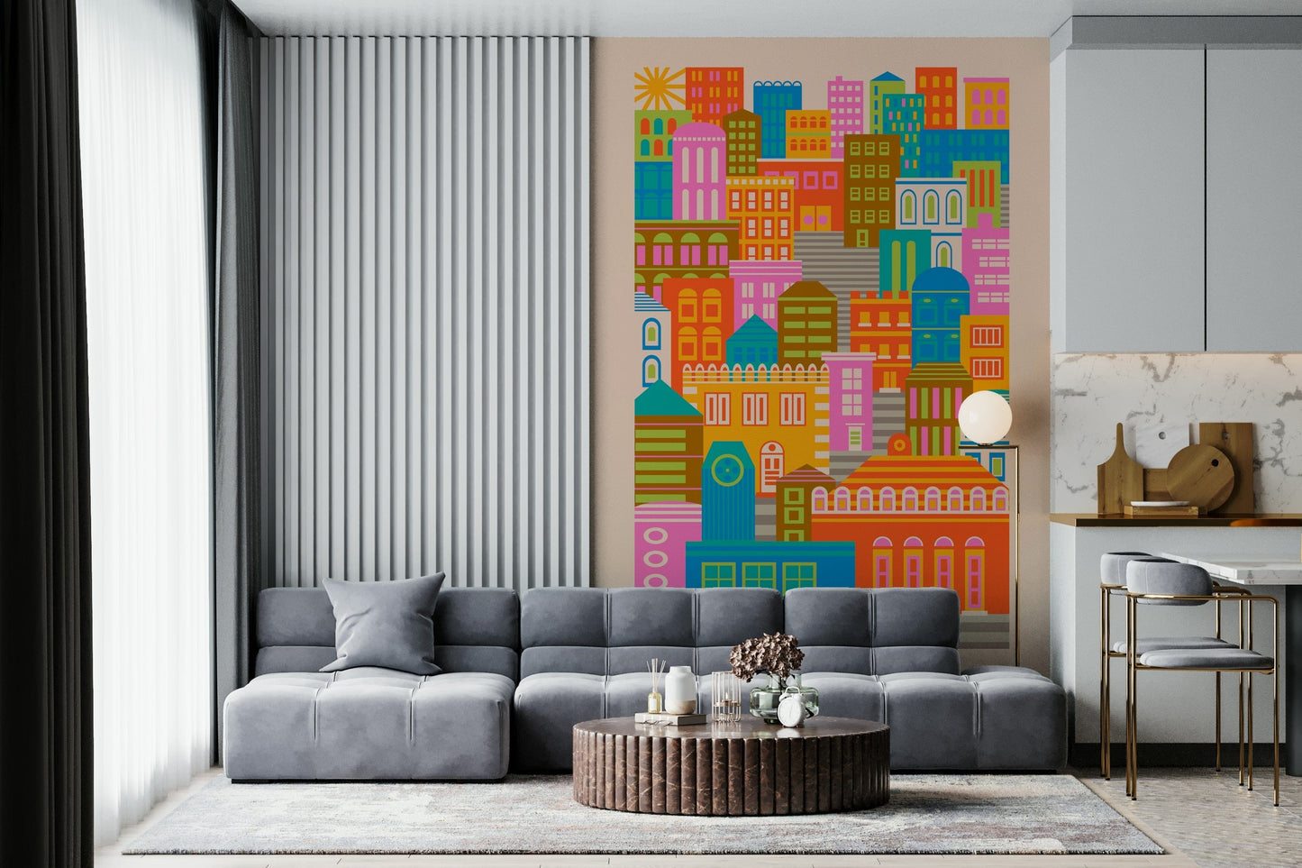 Rainbow bright architecture defines City Lights Bright Geometric Wallpaper for walls.
