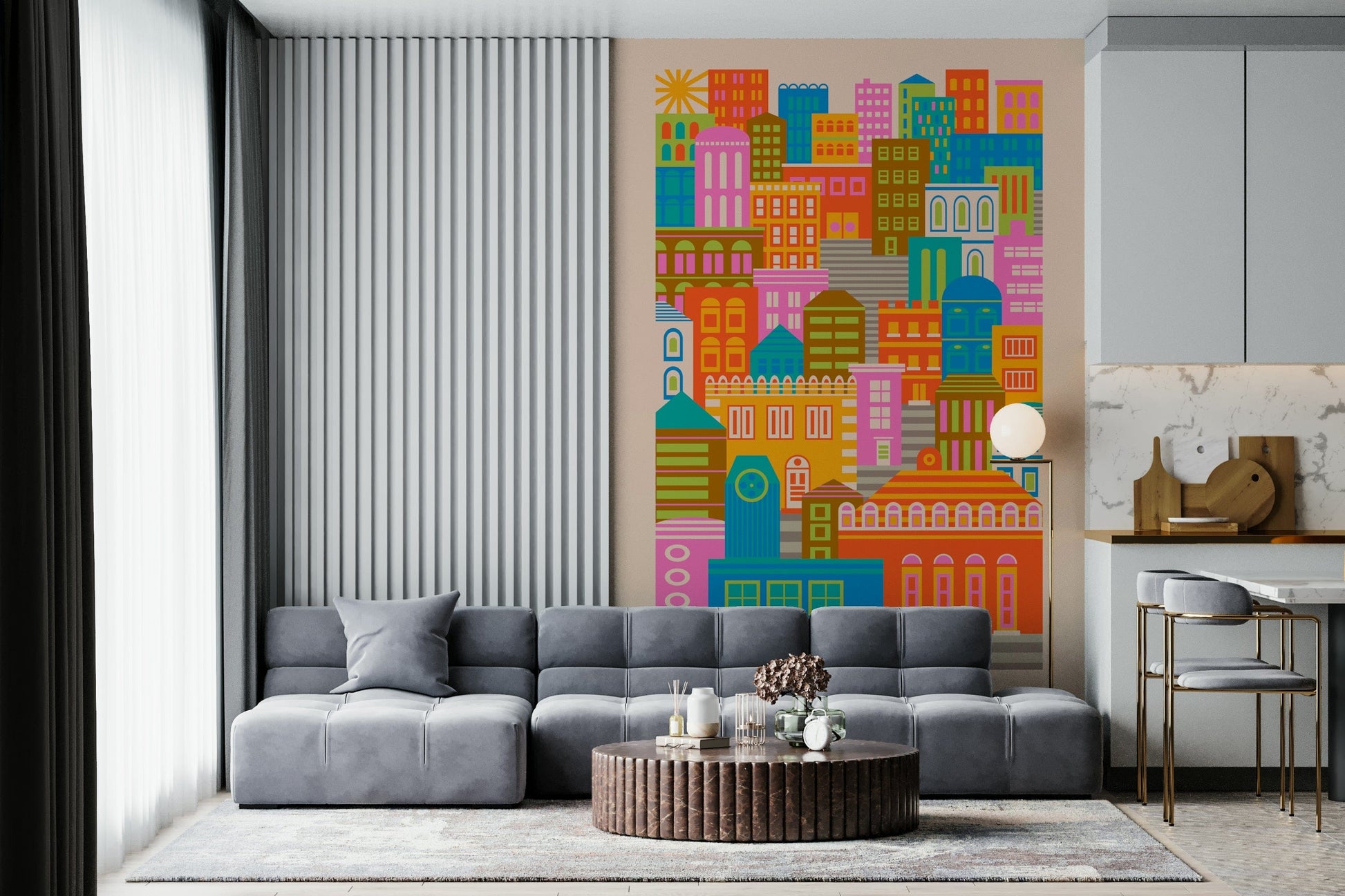 Rainbow bright architecture defines City Lights Bright Geometric Wallpaper for walls.