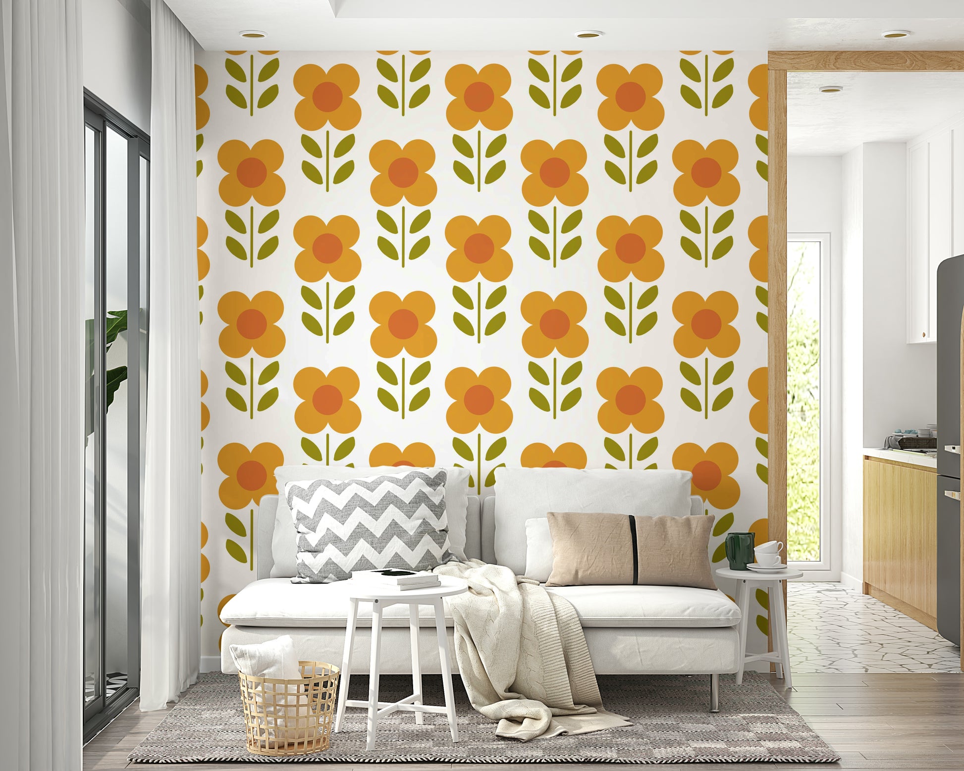 Orange retro bloom wall mural pattern

