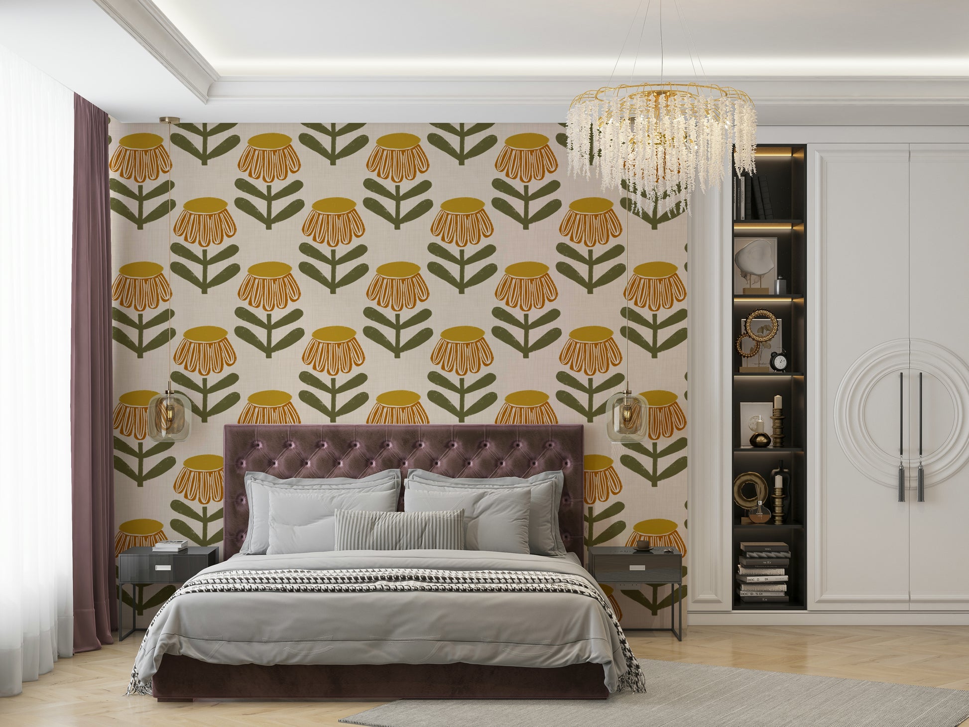 Bold daisy print wall design

