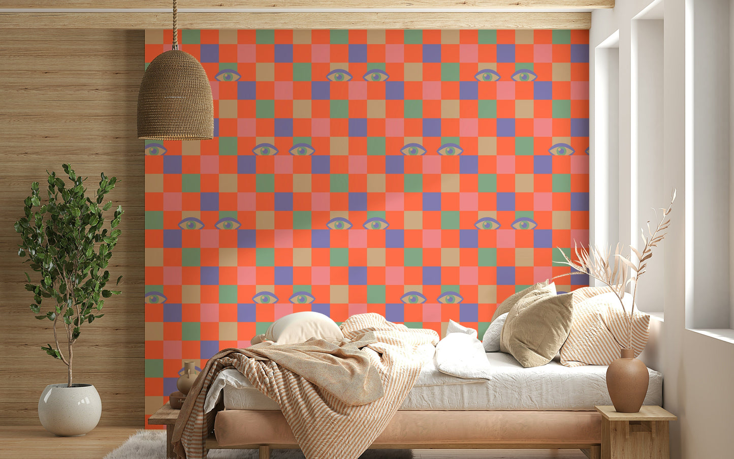 A quirky checkerboard wallpaper in warm and cool tones punctuated by whimsical retro eyes.