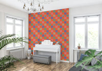 A vibrant retro wallpaper featuring multicolored checkerboard squares with scattered stylized eyes peeking through.
