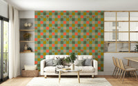 A bold retro eyes wallpaper with a grid of colorful squares and illustrated eyes peeking throughout.