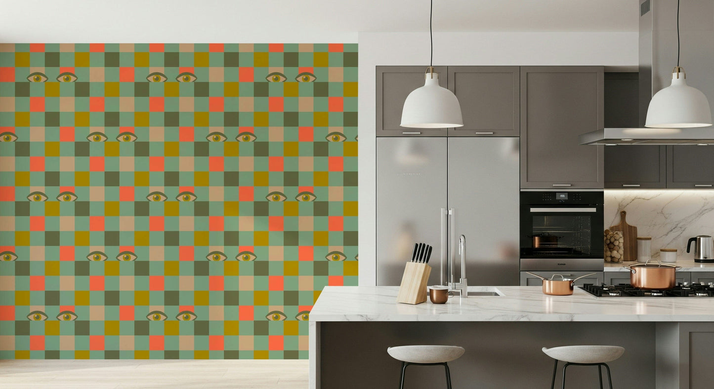 Checkerboard wallpaper with vintage-style eyes peeking from multicolored mustard, coral, olive, cream, and mint green blocks.