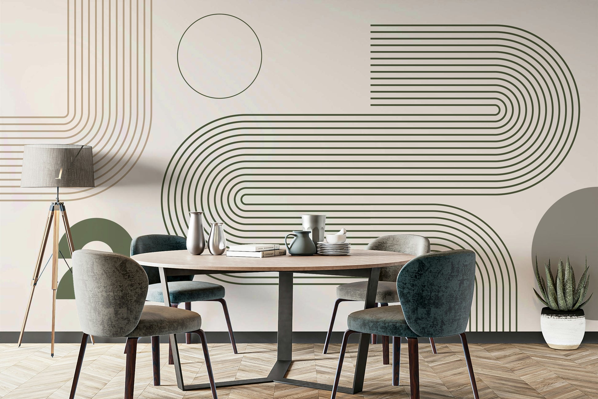 Soft curved mural with minimalist retro touch

