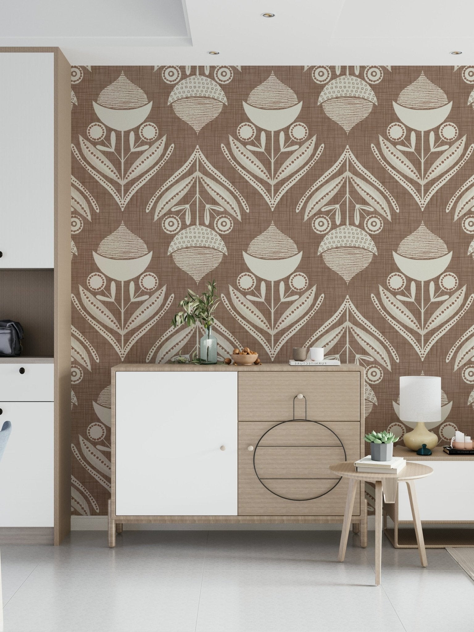 Brown retro wallpaper displaying cream geometric blooms and stylized botanical elements