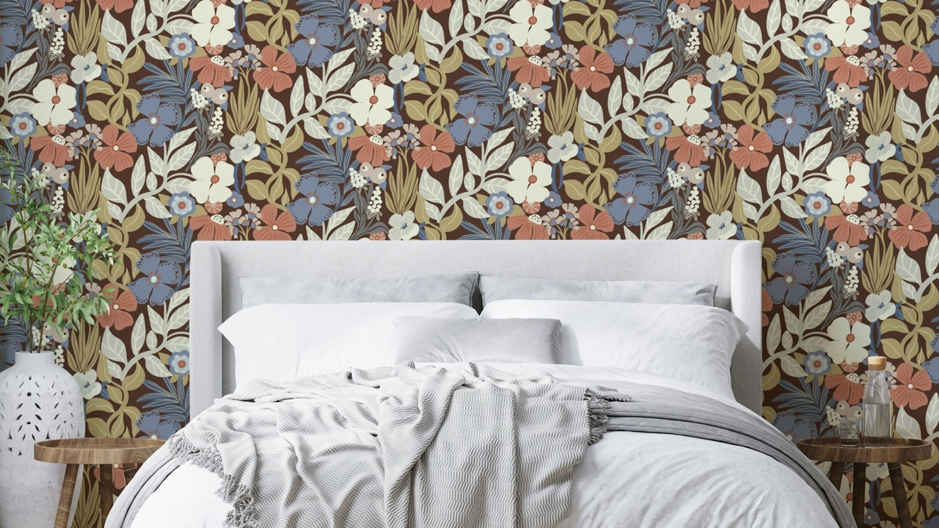 Retro Garden Reverie Wallpaper with vibrant floral patterns

