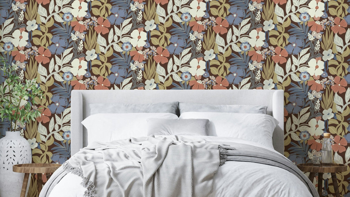 Retro Garden Reverie Wallpaper with vibrant floral patterns

