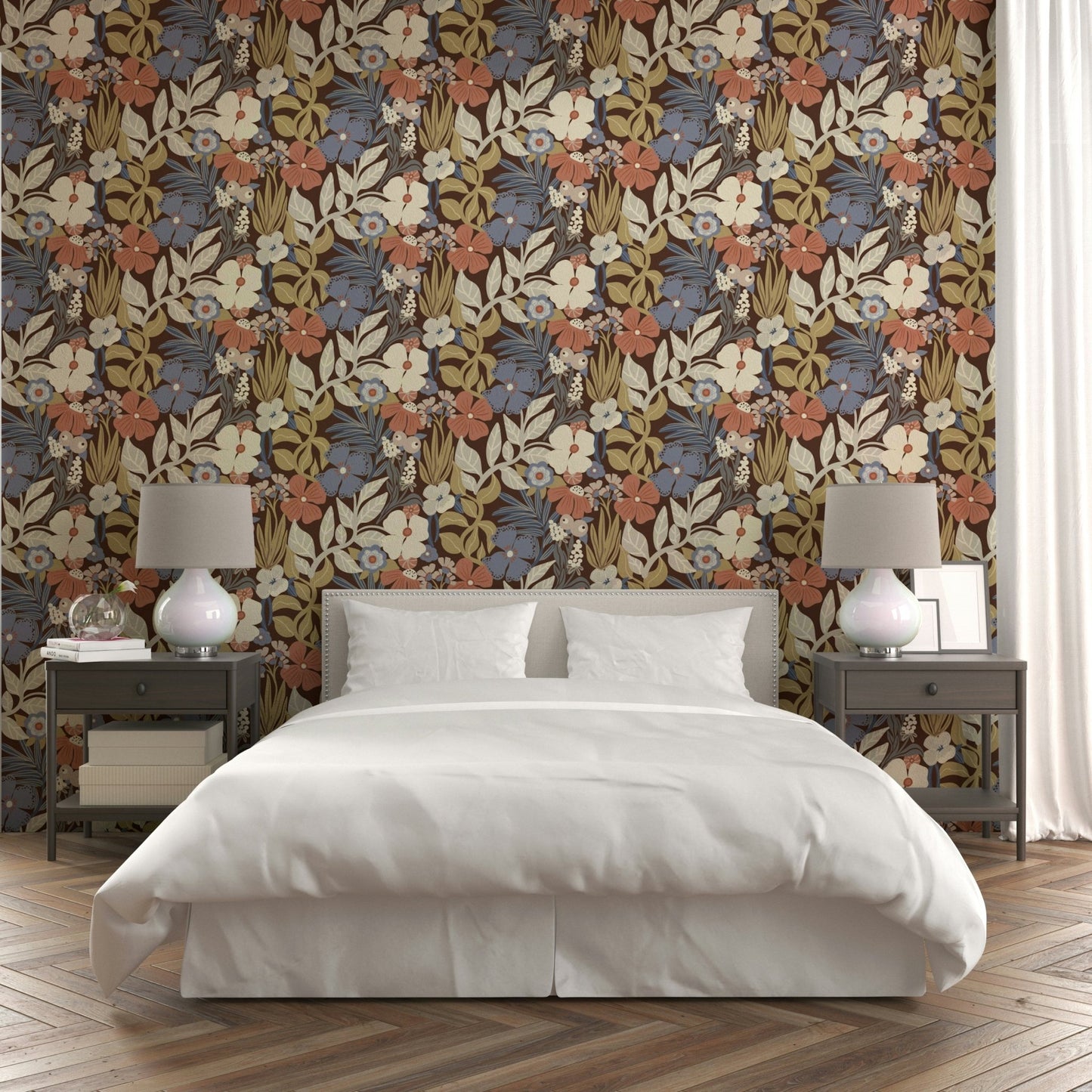 Close-up of retro floral wallpaper in earthy tones

