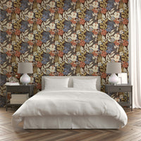 Close-up of retro floral wallpaper in earthy tones

