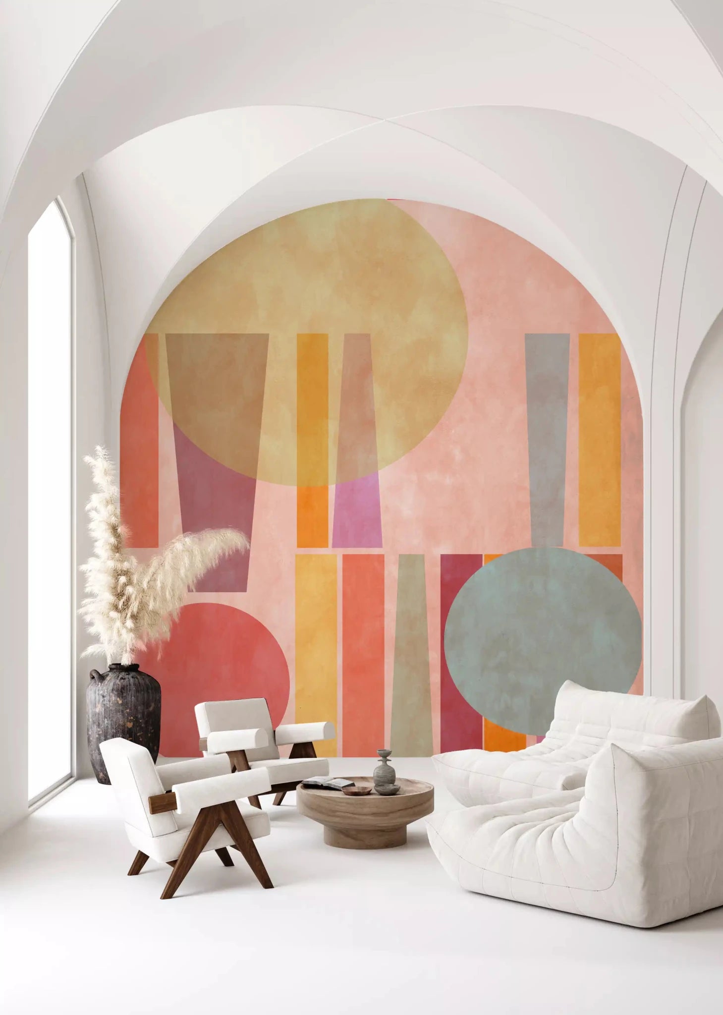 Modern wall mural in living area with subtle geometric shapes