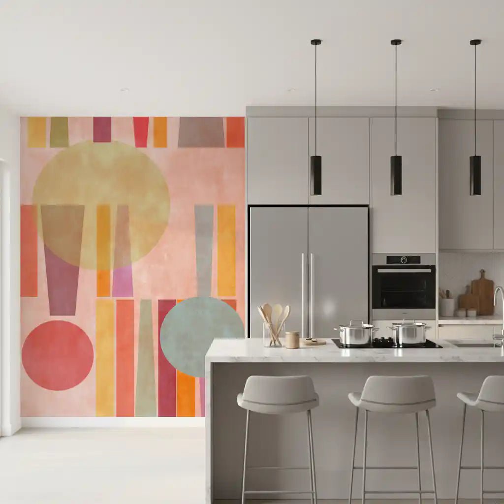 Geometric wall mural in lounge area with Dining design