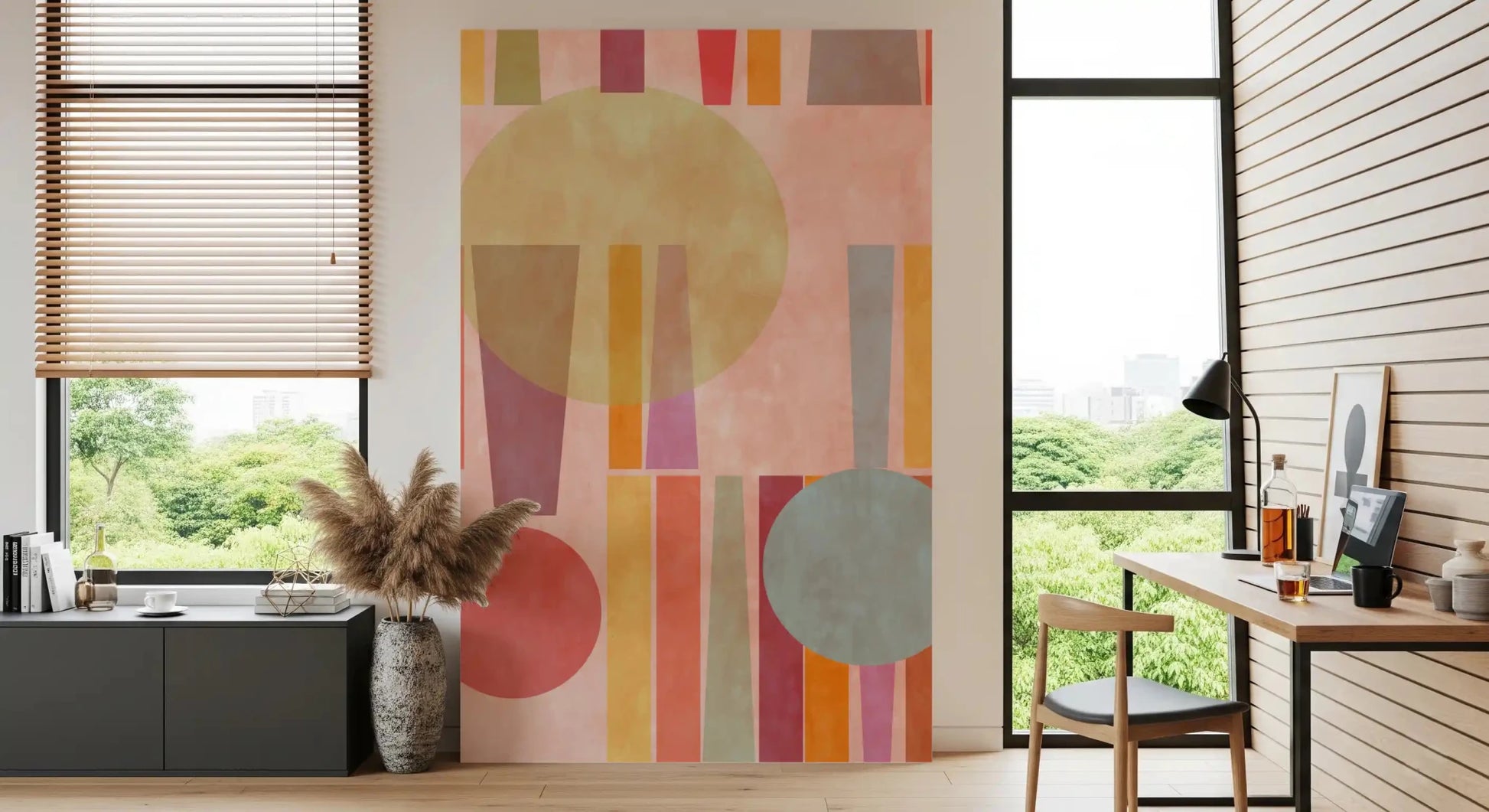 Retro geometric wall mural in modern Office with pastel tones