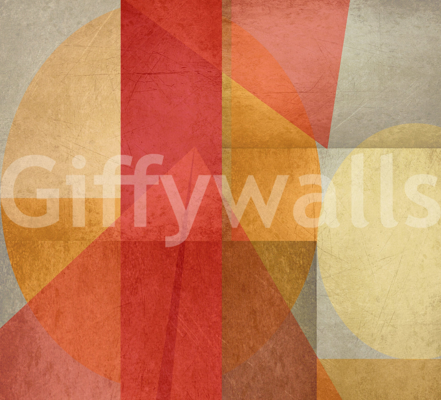 A contemporary wallpaper design featuring a fusion of geometric forms in bold warm colors.