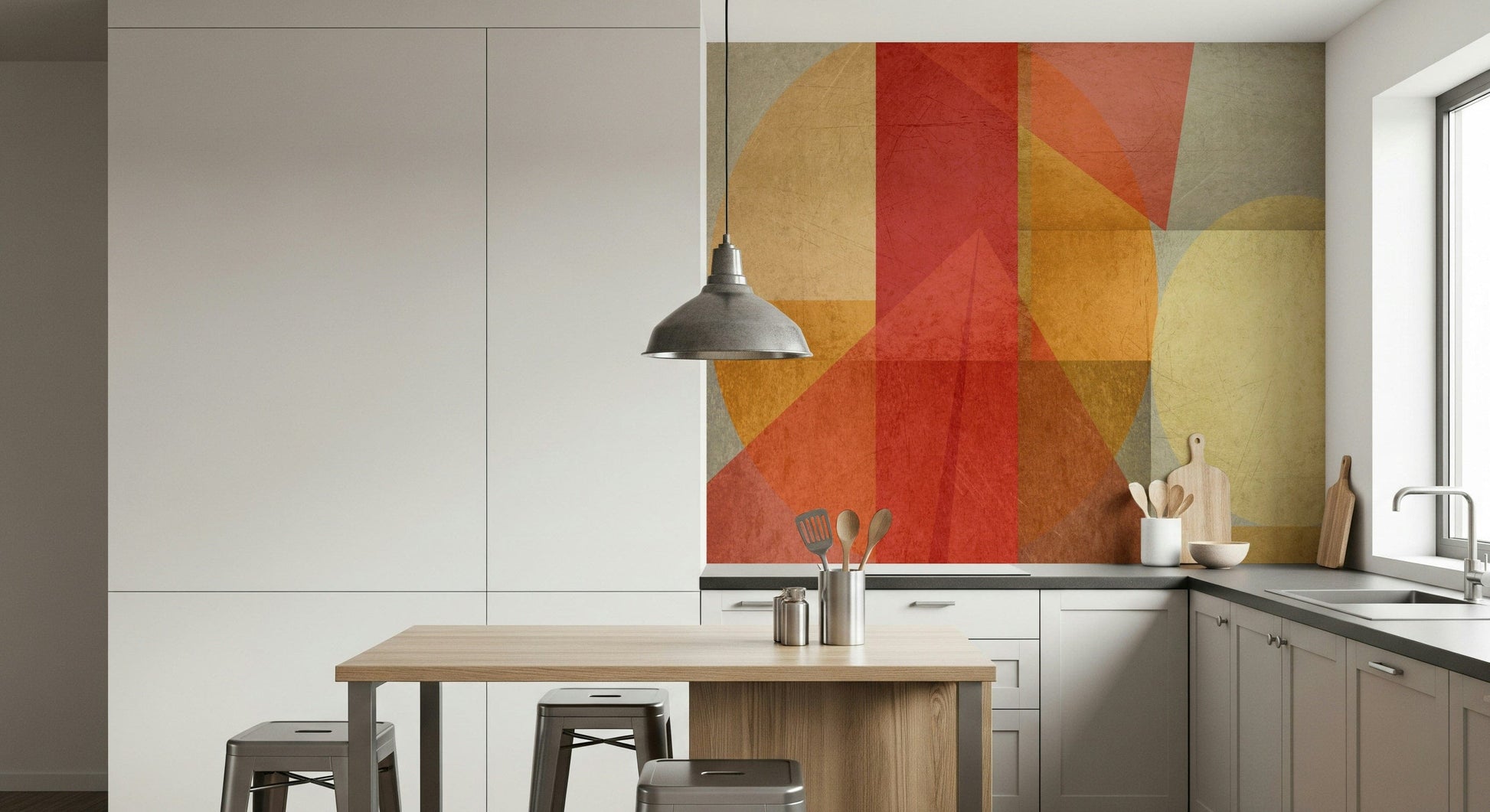 Textured abstract wallpaper with intersecting shapes resembling an urban landscape in warm tones.