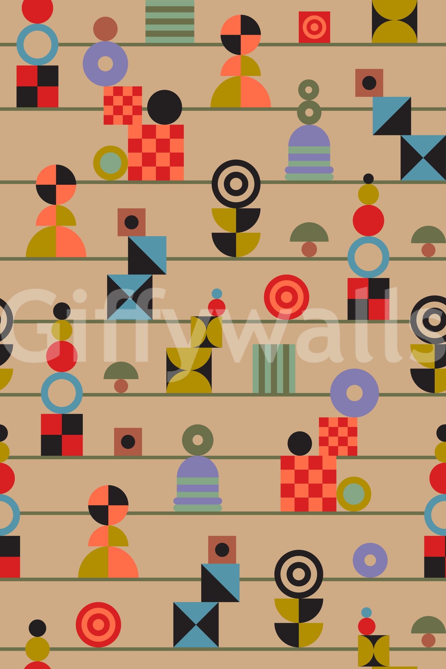 A nostalgic geometric wallpaper with vibrant shapes arranged in repeating stripe sequences on cream.