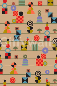 A nostalgic geometric wallpaper with vibrant shapes arranged in repeating stripe sequences on cream.