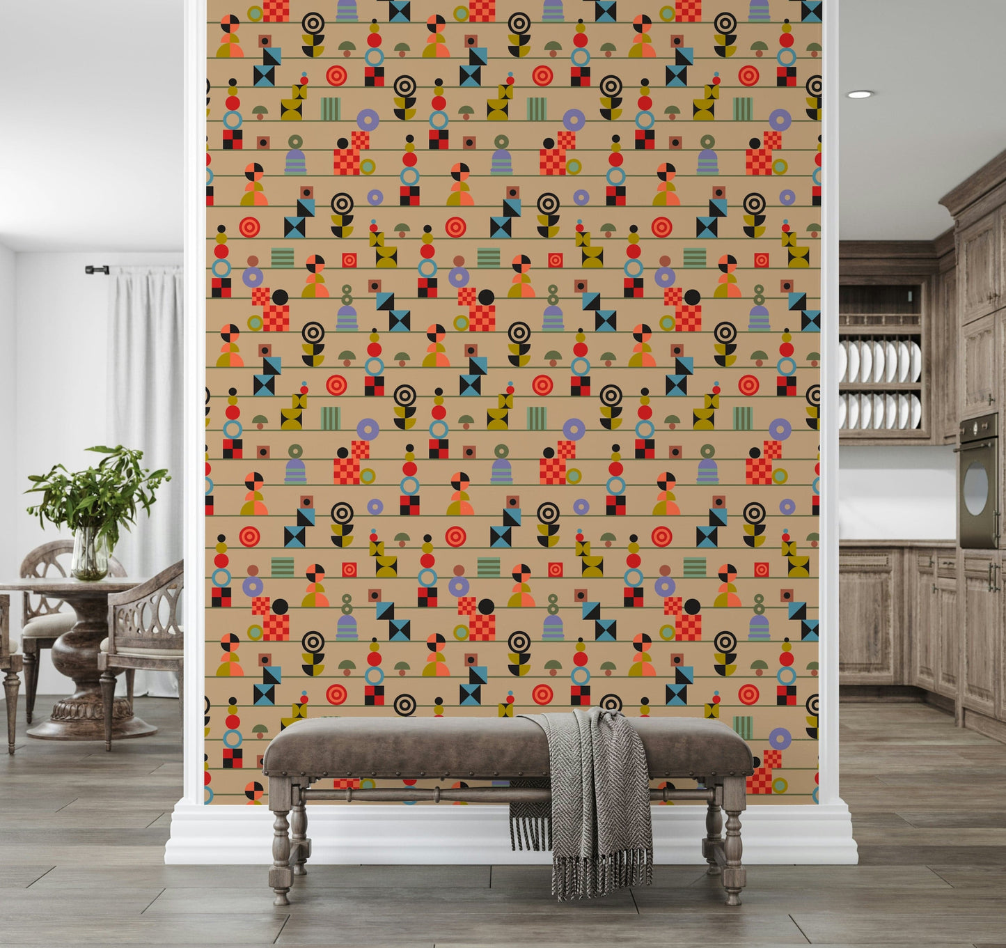 Cream wallpaper featuring repeated lines of colorful geometric figures for a cheerful retro look.