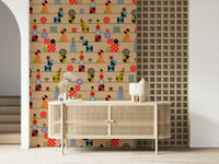 A patterned wallpaper with rows of retro geometric symbols displayed in playful multicolored stripes.