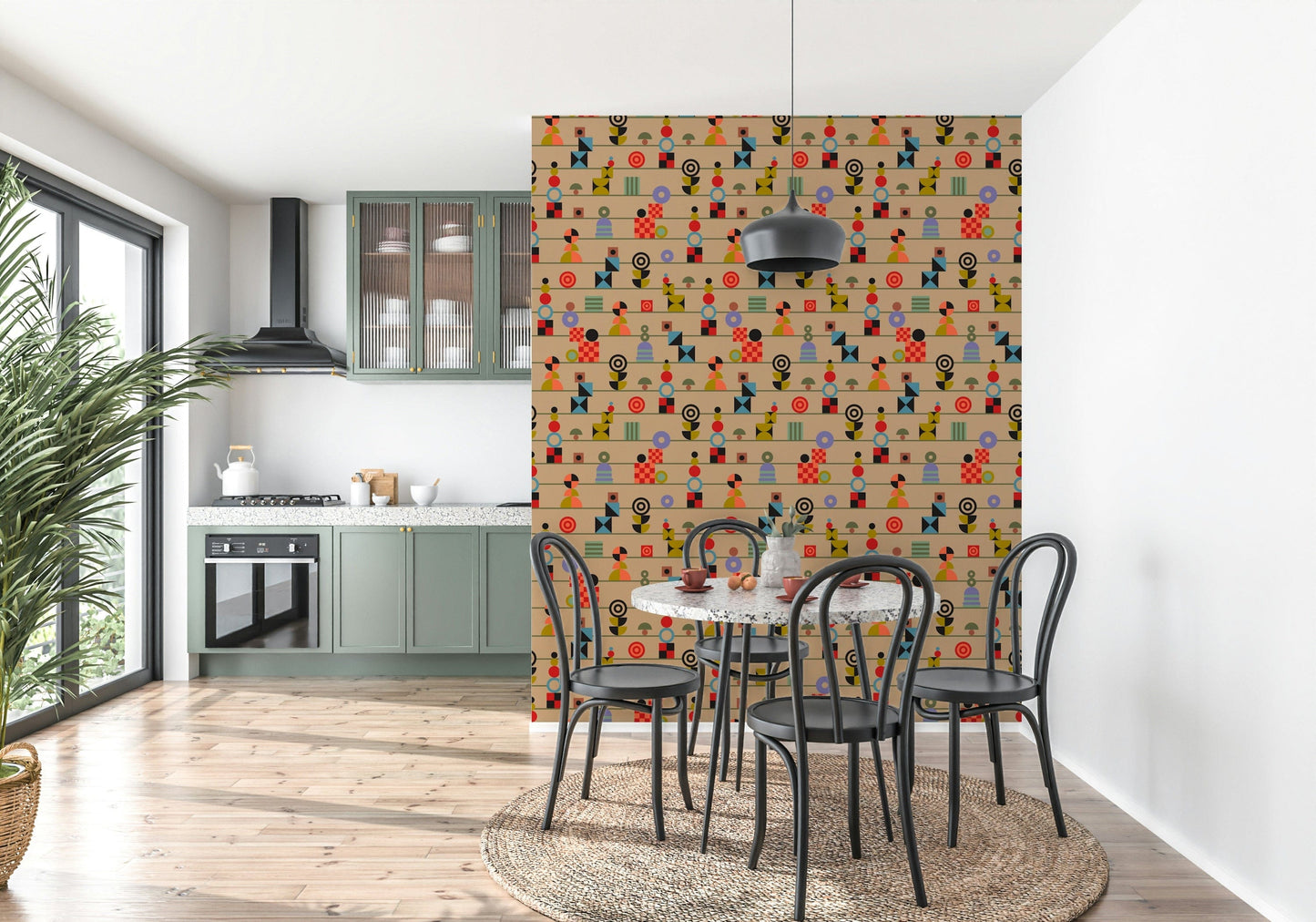 Vintage-style wallpaper showcasing bright geometric shapes aligned in neat stripe formations on cream.