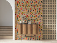 Bold retro shapes—circles, blocks, and triangles—forming rhythmic stripes across a multicolored wallpaper.