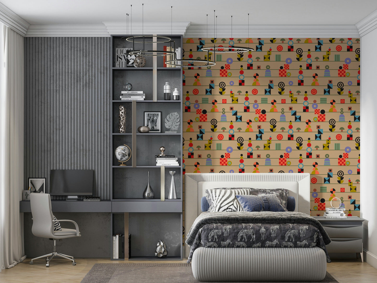 Multicolored circles, triangles, and squares arranged in striped rows create a fun retro wallpaper design.
