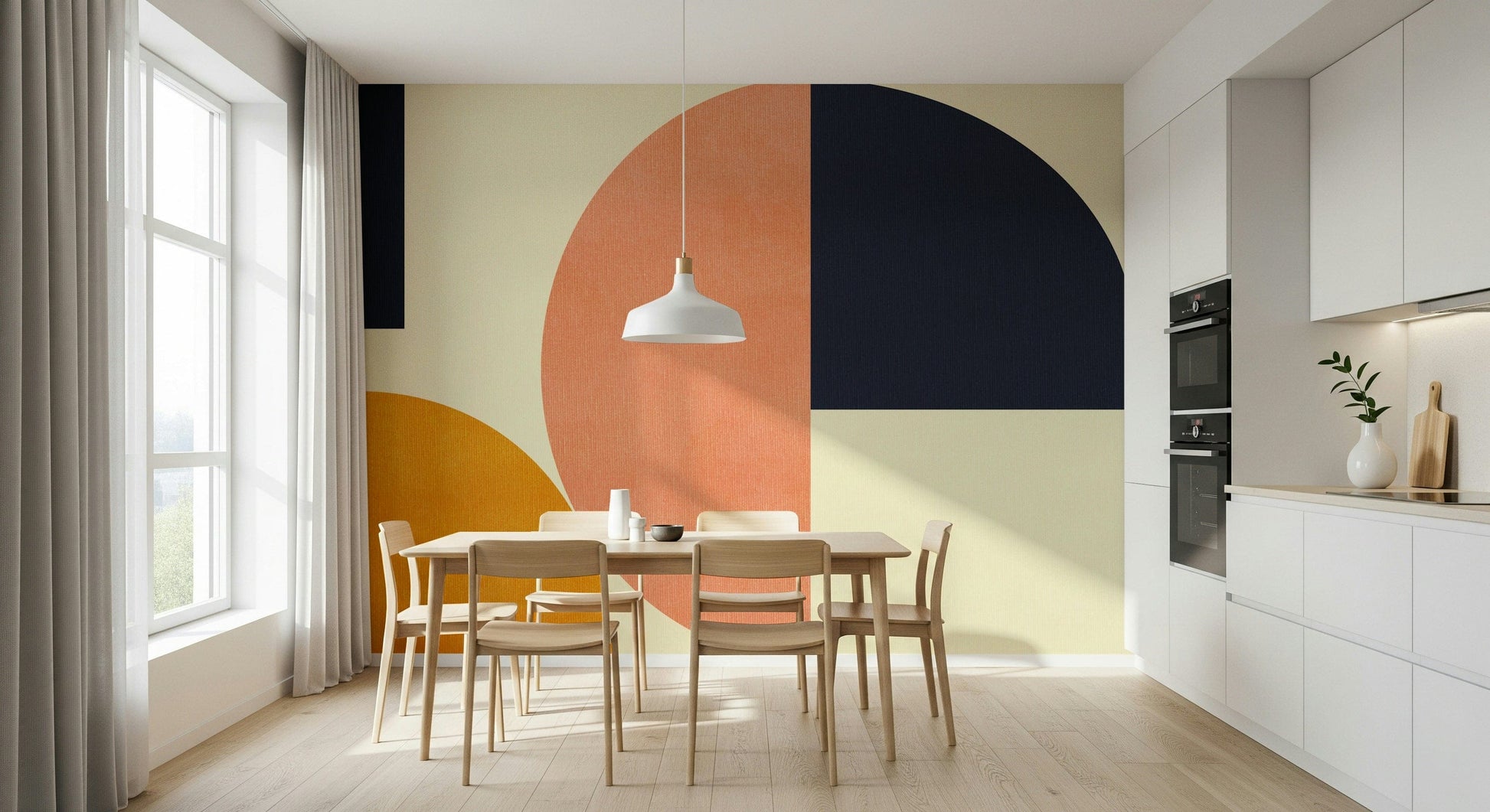 A graceful subtle shape wall mural in cool, bold tones.