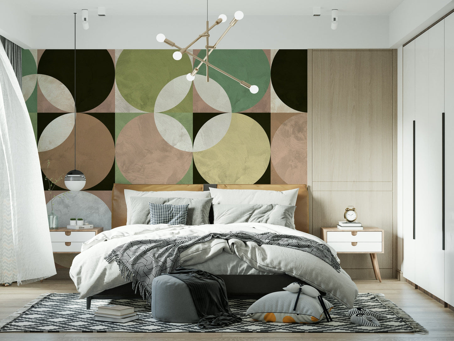 Abstract geometric wall mural with retro-inspired circles creating a balanced, harmonious design.