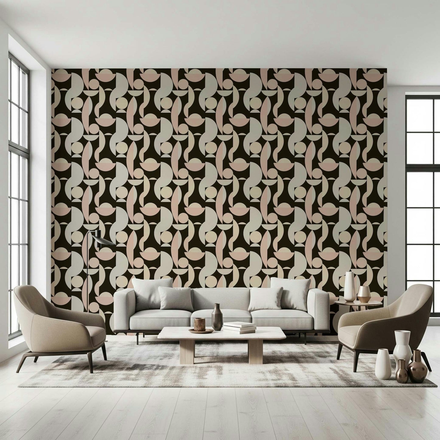 Abstract Retro Geometry mural featuring pink and beige forms.