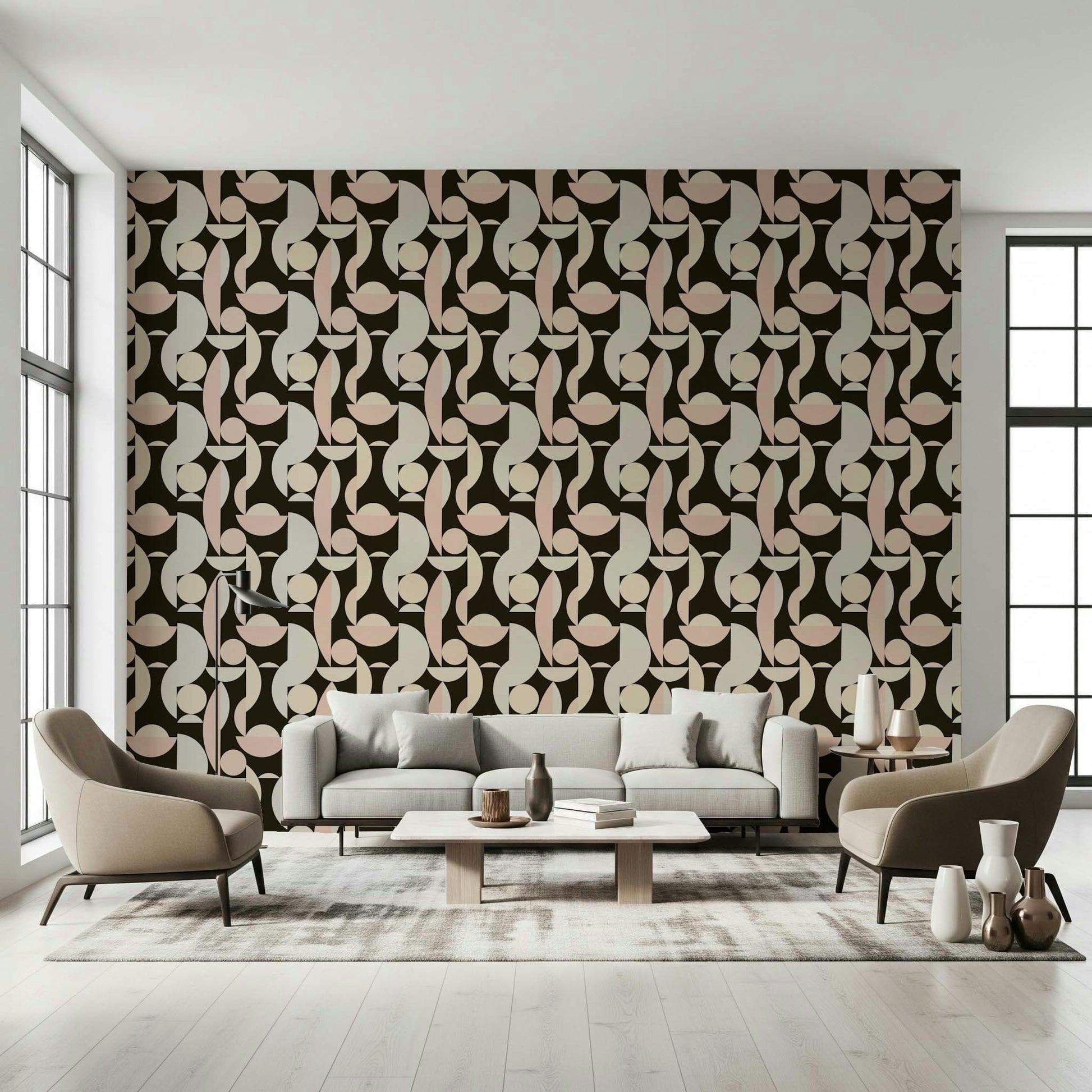 Abstract Retro Geometry mural featuring pink and beige forms.