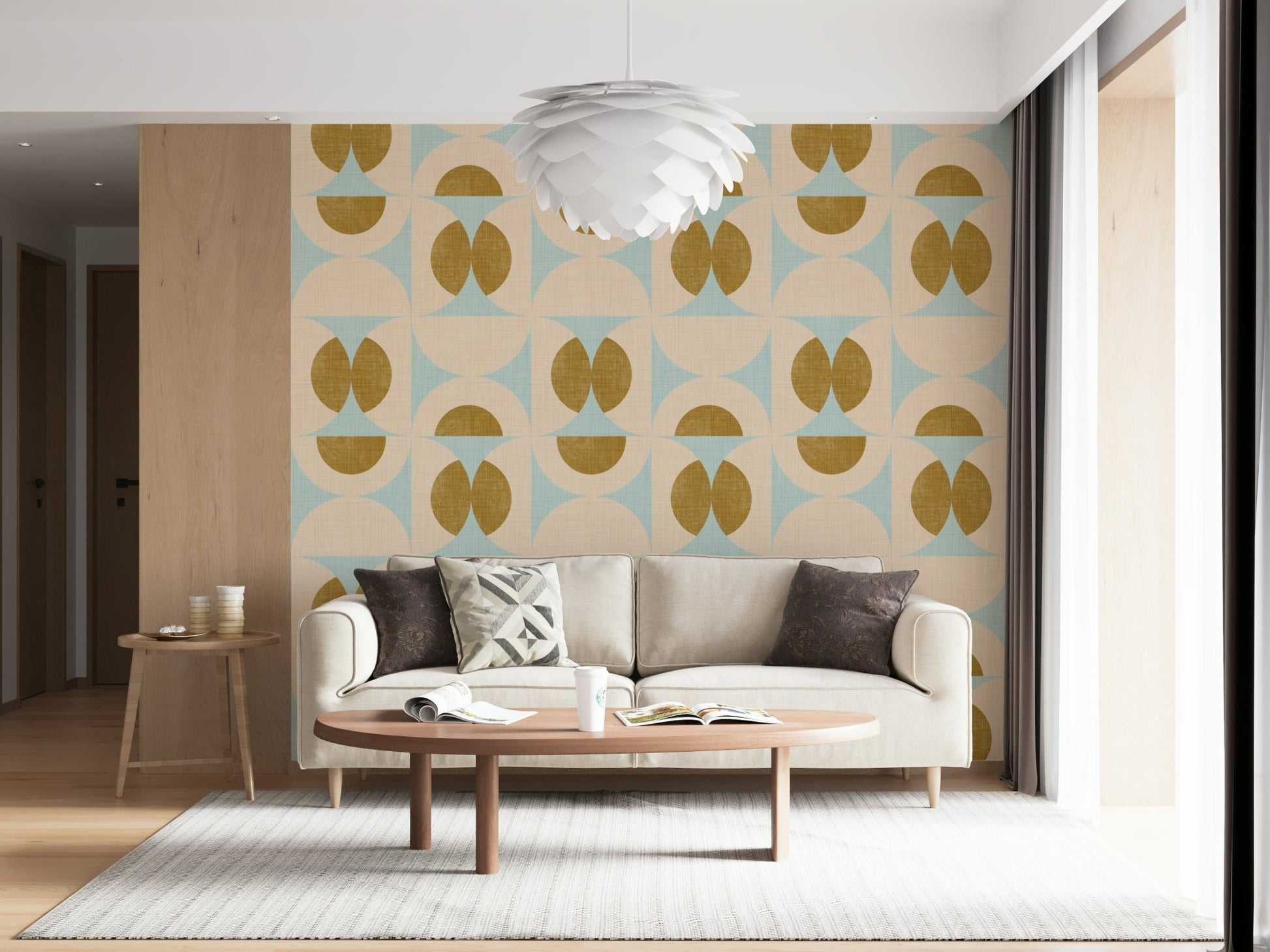 Patterned wallpaper with mid-century inspired arcs in soft aqua and warm mustard colors.