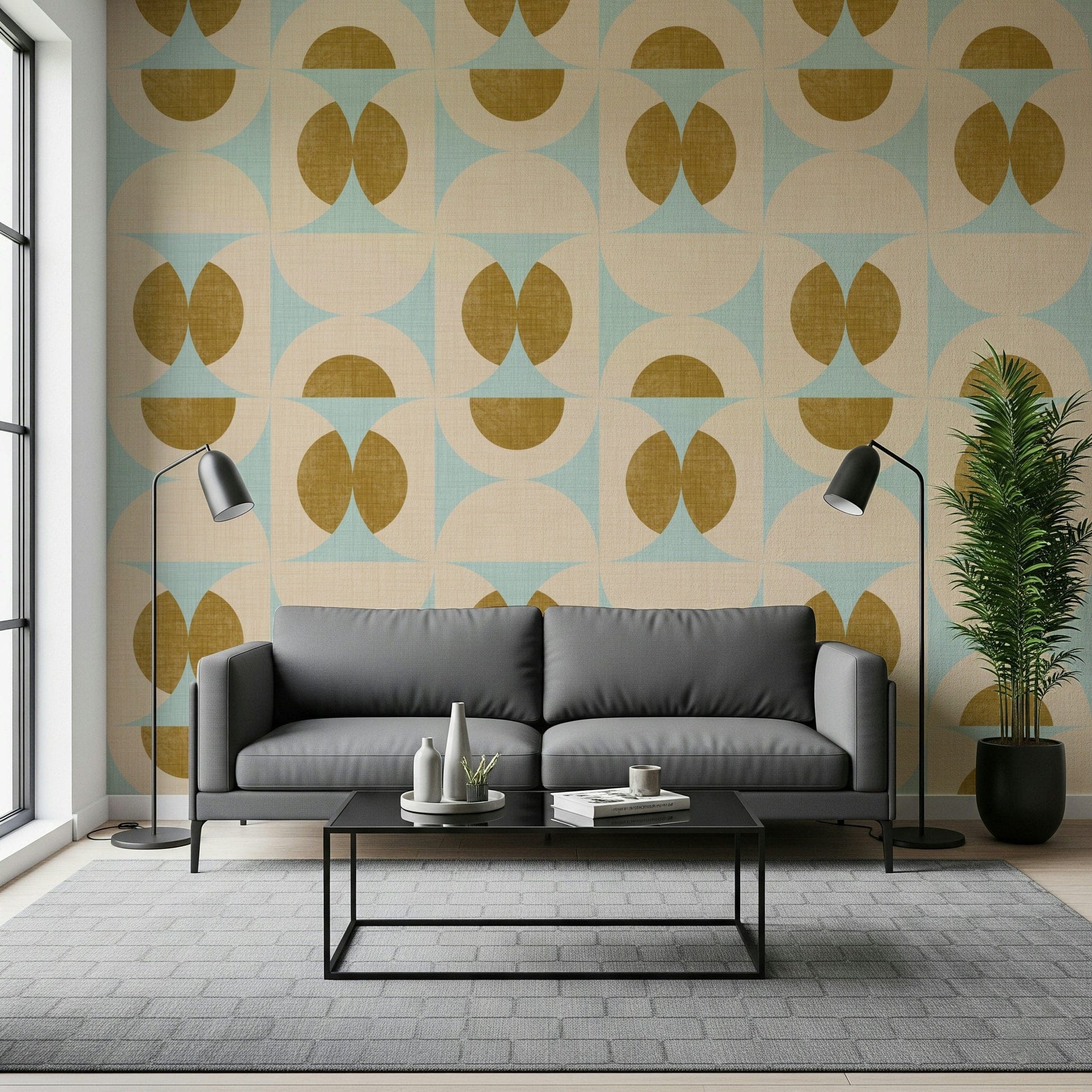 Decorative mid-century wallpaper with repeating circular and arc shapes in an airy palette.