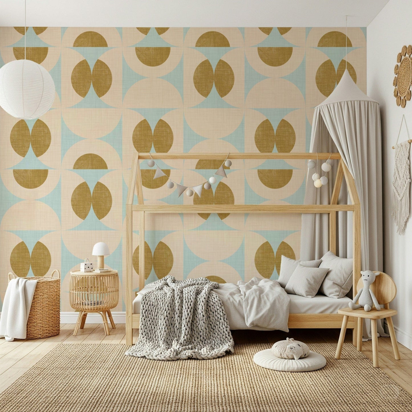 Retro geometric pattern featuring intersecting arcs in soft cool and warm tones.