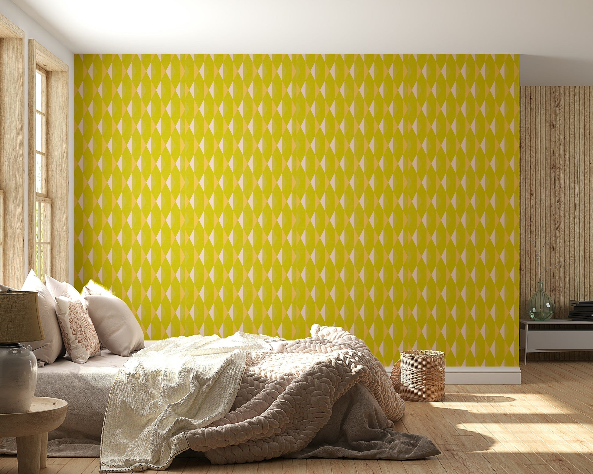 Symmetrical tile effect Lemon Rhombus yellow wallpaper.