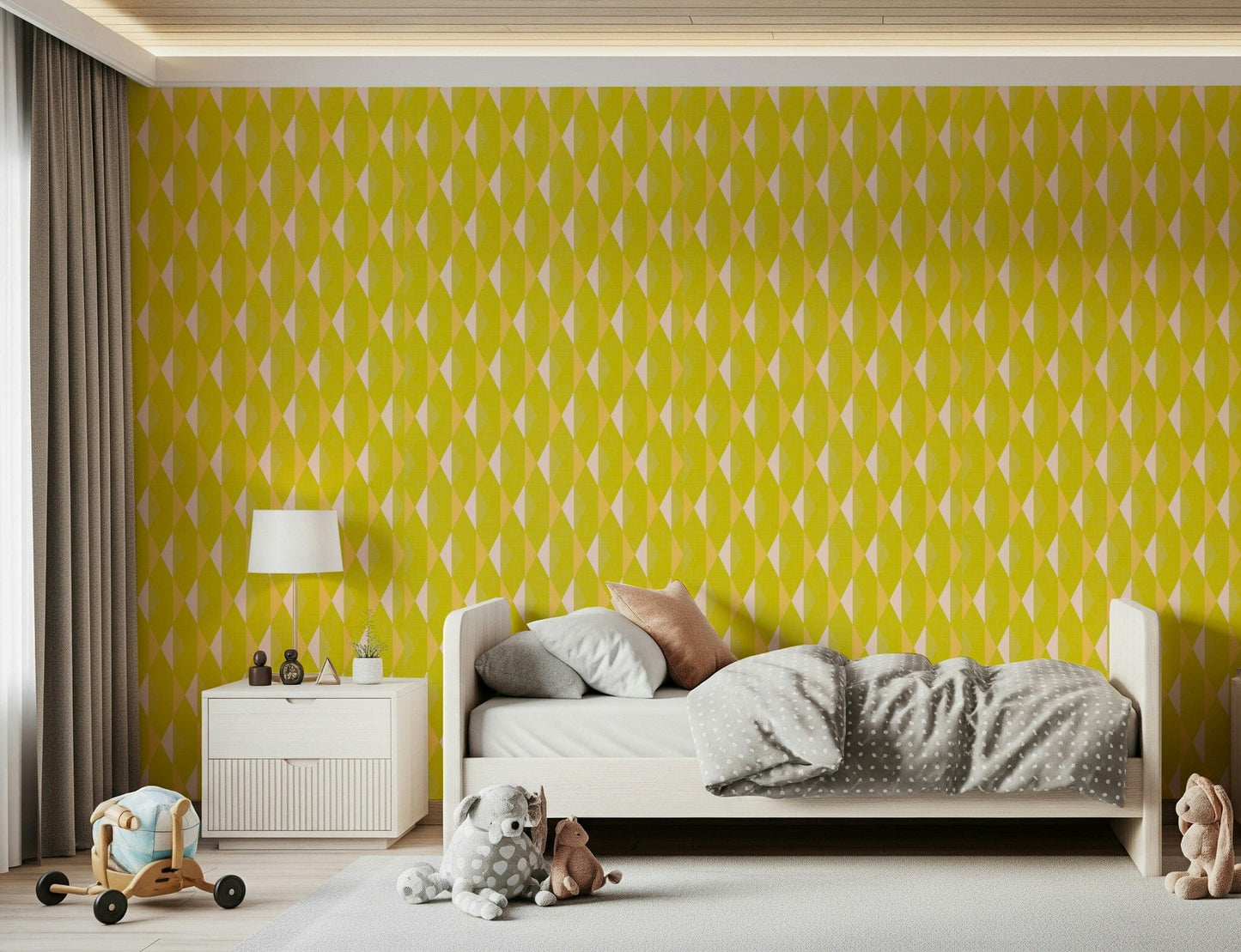 Captivating bold geometric Lemon Rhombus accent mural.