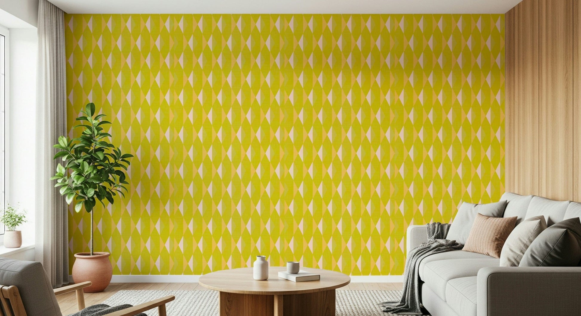Dazzling lemon and soft blush repeating wallpaper for walls.