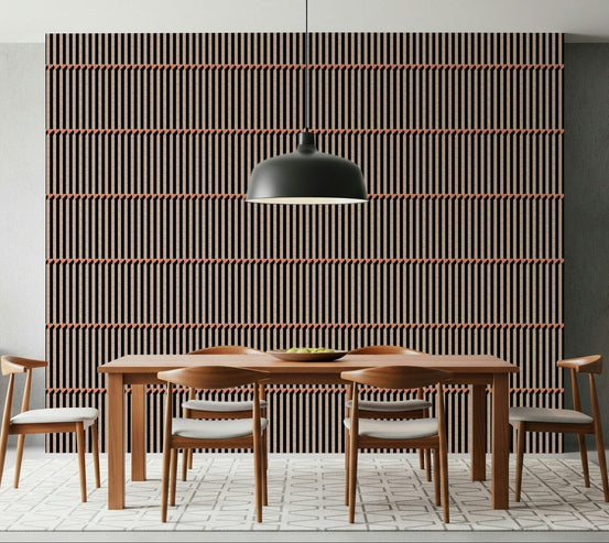 Retro Lines wallpaper in wood-slat brown and black behind a walnut dining table under a black pendant