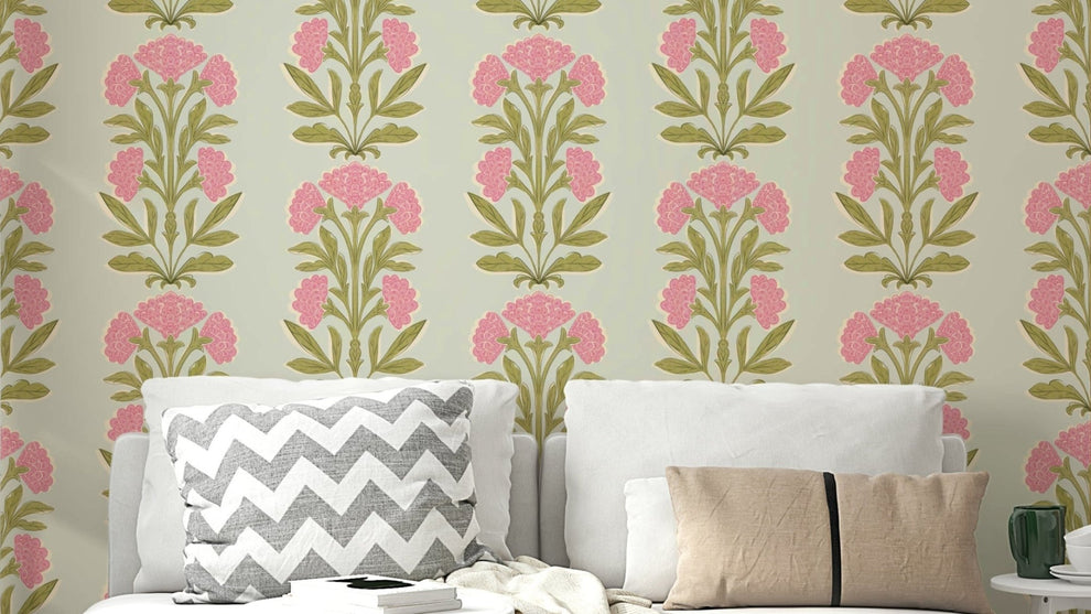 Retro Pink Floral Stripe Wallpaper